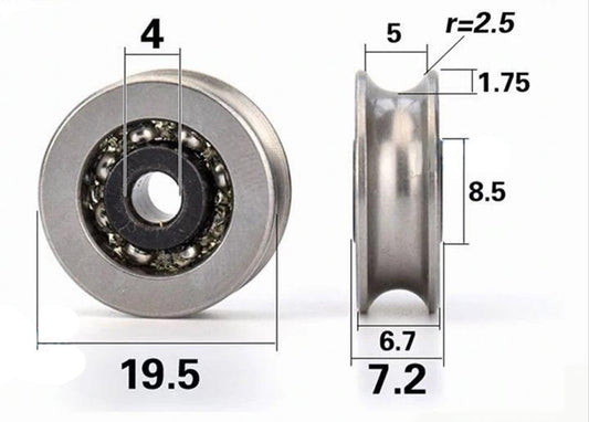 4mm Bore Bearing - 19.5mm steel Pulley U-Groove Track Roller Bearing 4x19.5x6.7mm