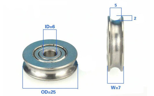 6mm Bore Bearing - 25mm Stainless Steel Pulley U-Groove Track Roller Bearing 6x25x7mm