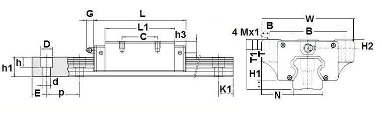 15mm 60 Long square rail - one block
