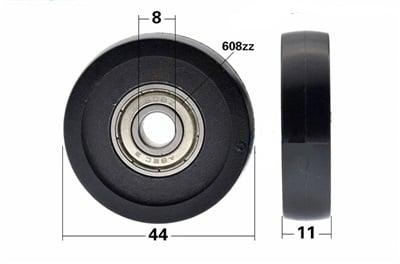 8x44x11mm Polyurethane Wheel Roller Bearing - Black Tire Sliding Guide