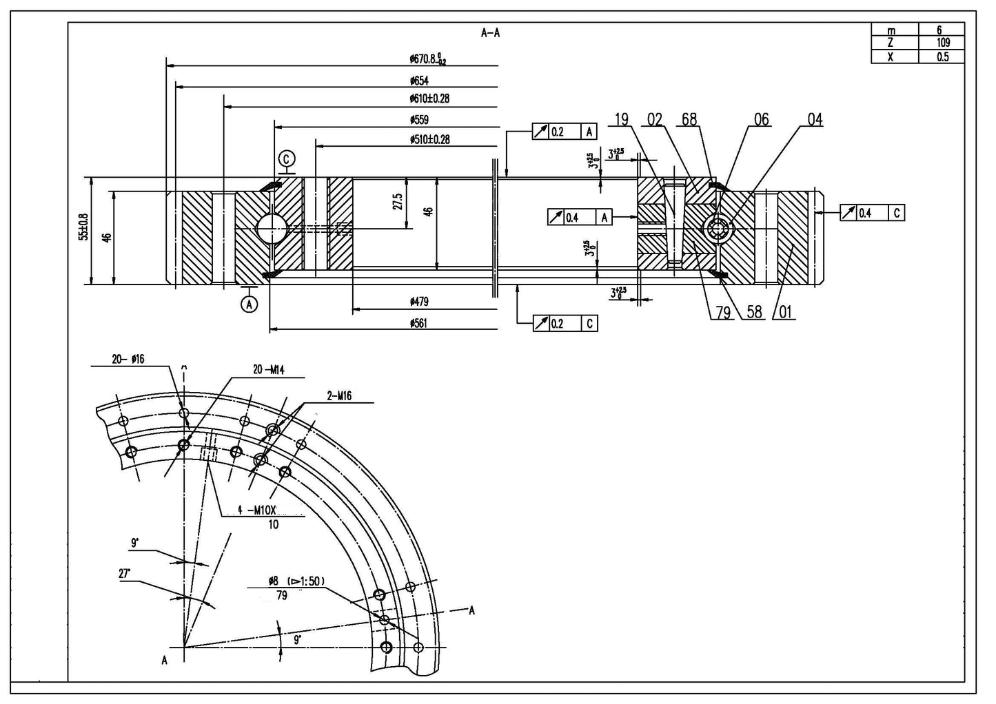 19 Inch Four-Point Contact 479x670.8x55mm Ball Slewing Ring Bearing - Outside Gear