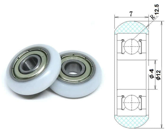 4mm Bore Bearing - 12mm White Plastic Tire 4x12x7mm round