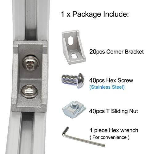 20-Pack Aluminum Profile 2020 Series Corner Bracket/T Nuts/Hex Screw - Rail Accessories